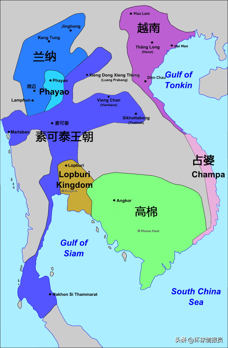素可泰王国占据克拉地峡（蓝）